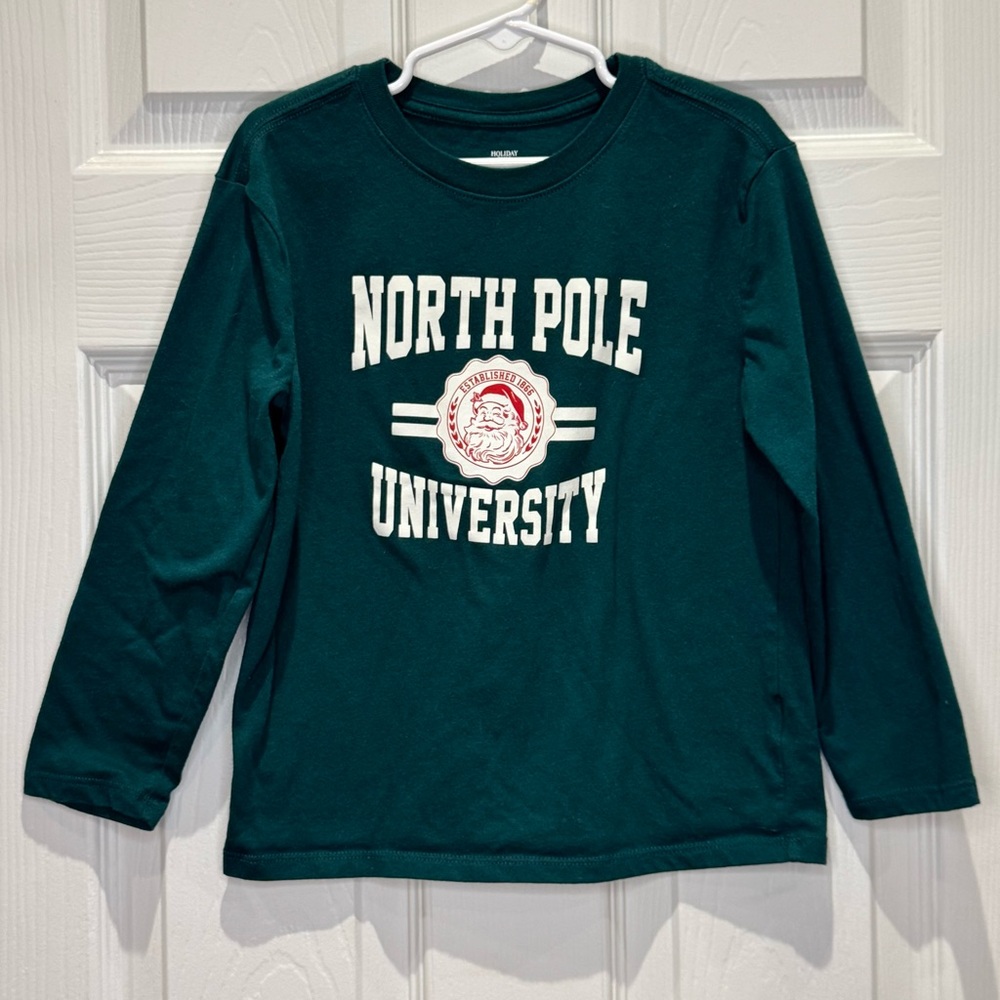 Holiday Time Boys 6/7 North Pole University Long Sleeve Tee Green Christmas
